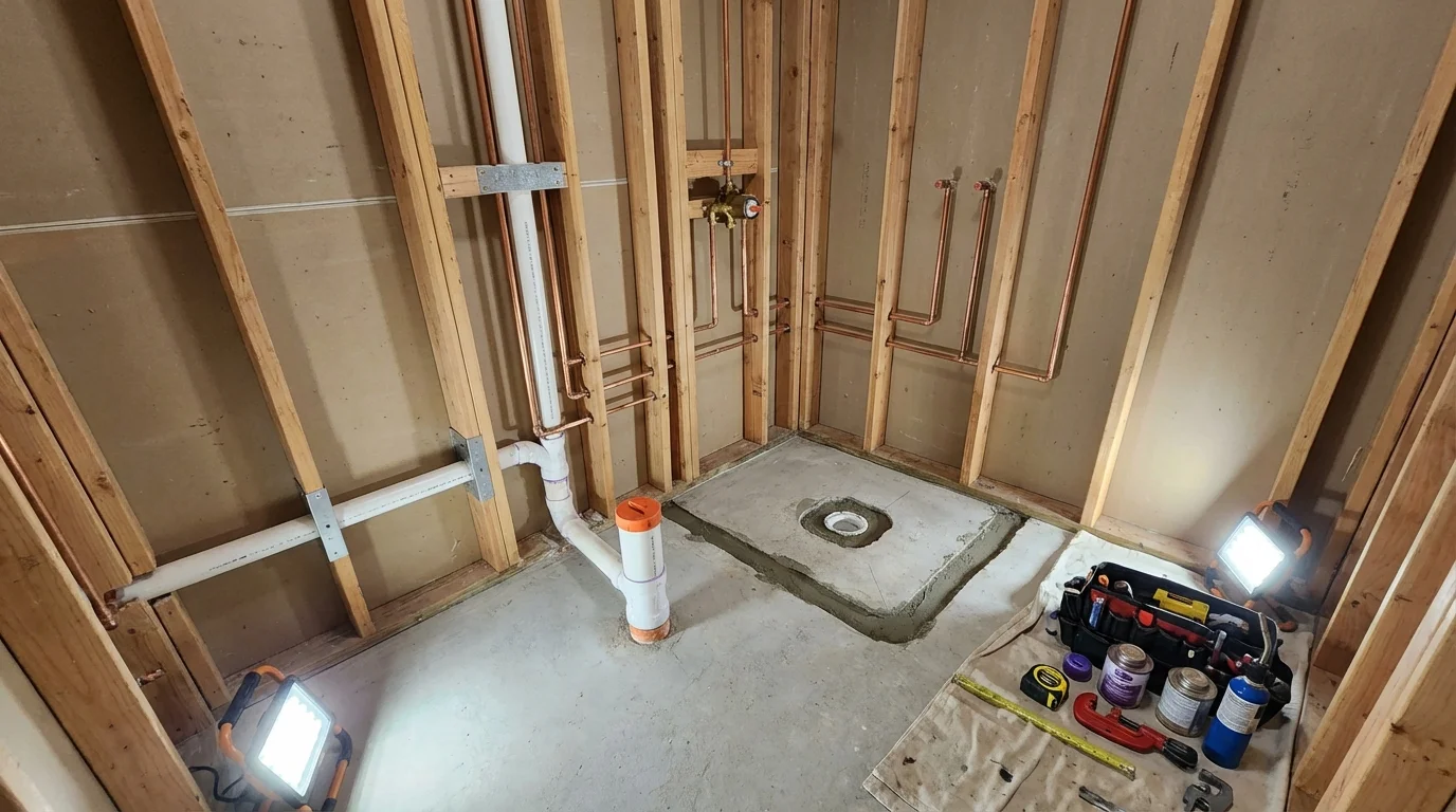 Bathroom rough-in plumbing during remodel by Johns Plumbing LLC in Menomonee Falls