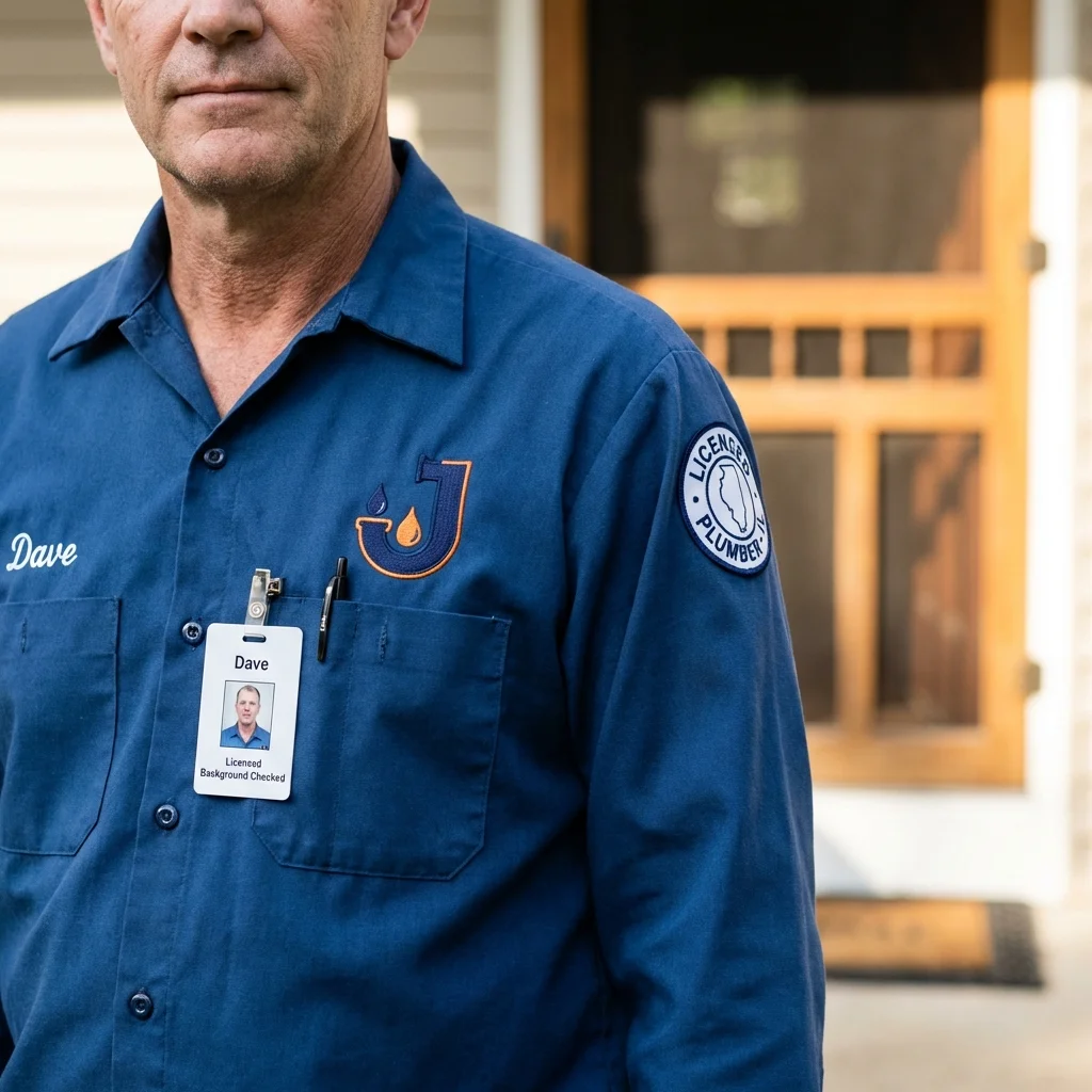 Licensed plumber showing ID badge in Menomonee Falls, WI