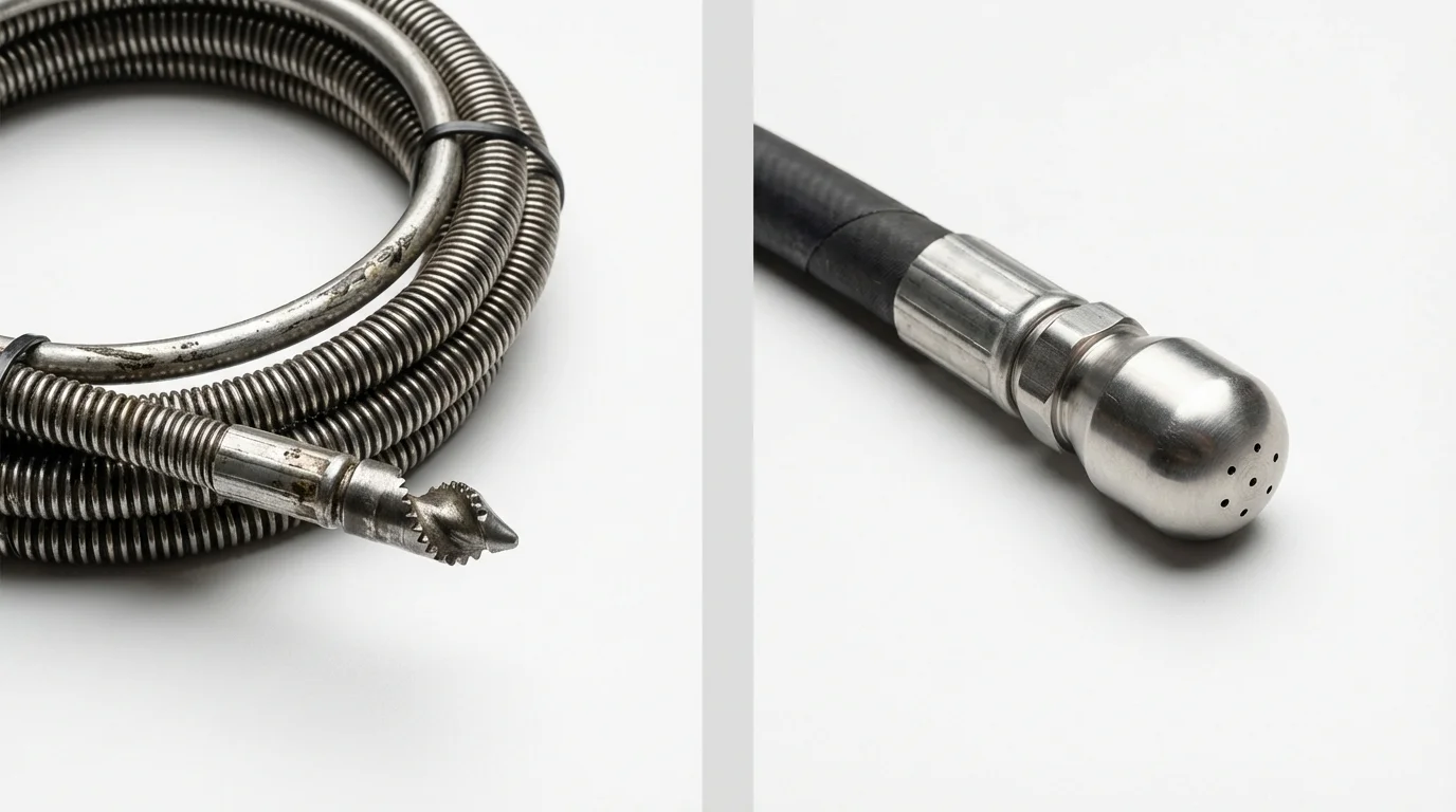 Drain snake cable and hydro jetting nozzle used for drain cleaning in Menomonee Falls, WI