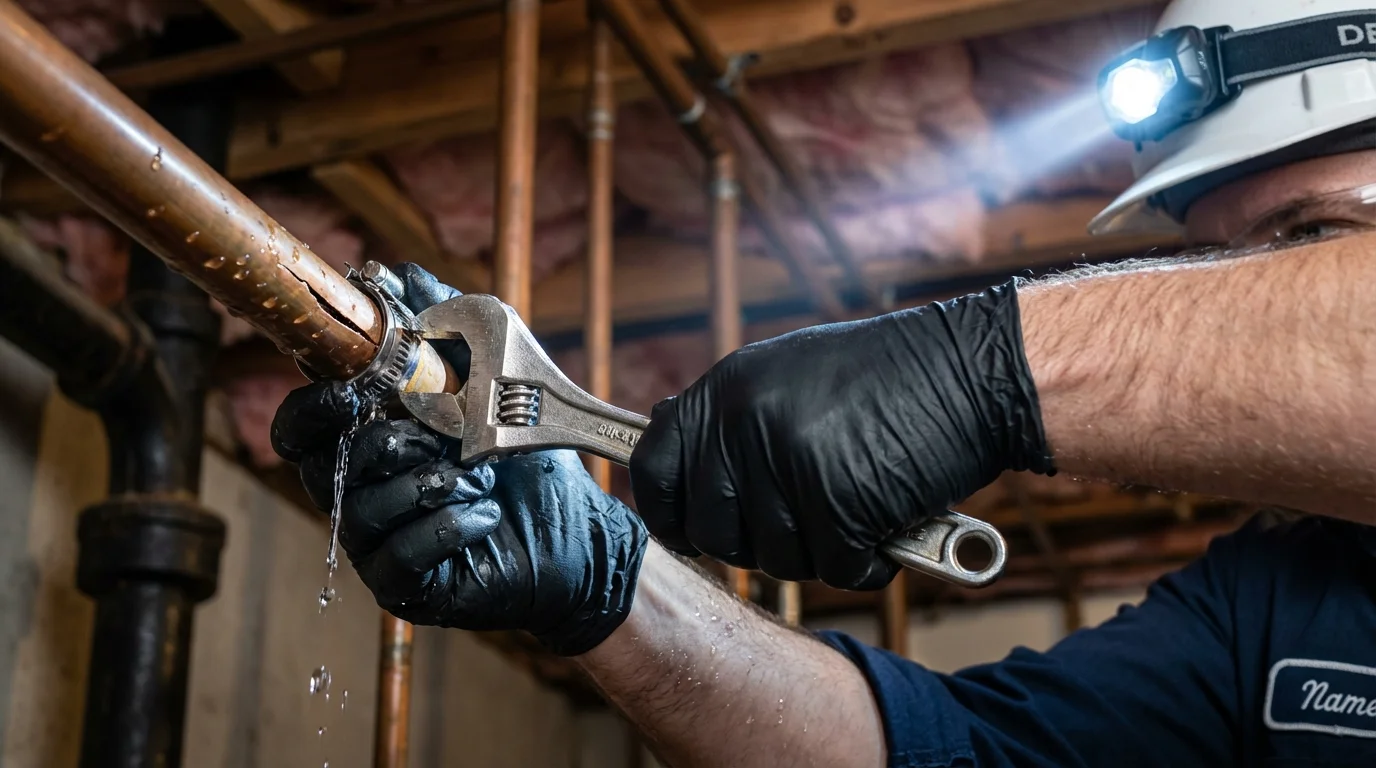 Emergency pipe clamp repair being performed by a Johns Plumbing LLC plumber in Menomonee Falls