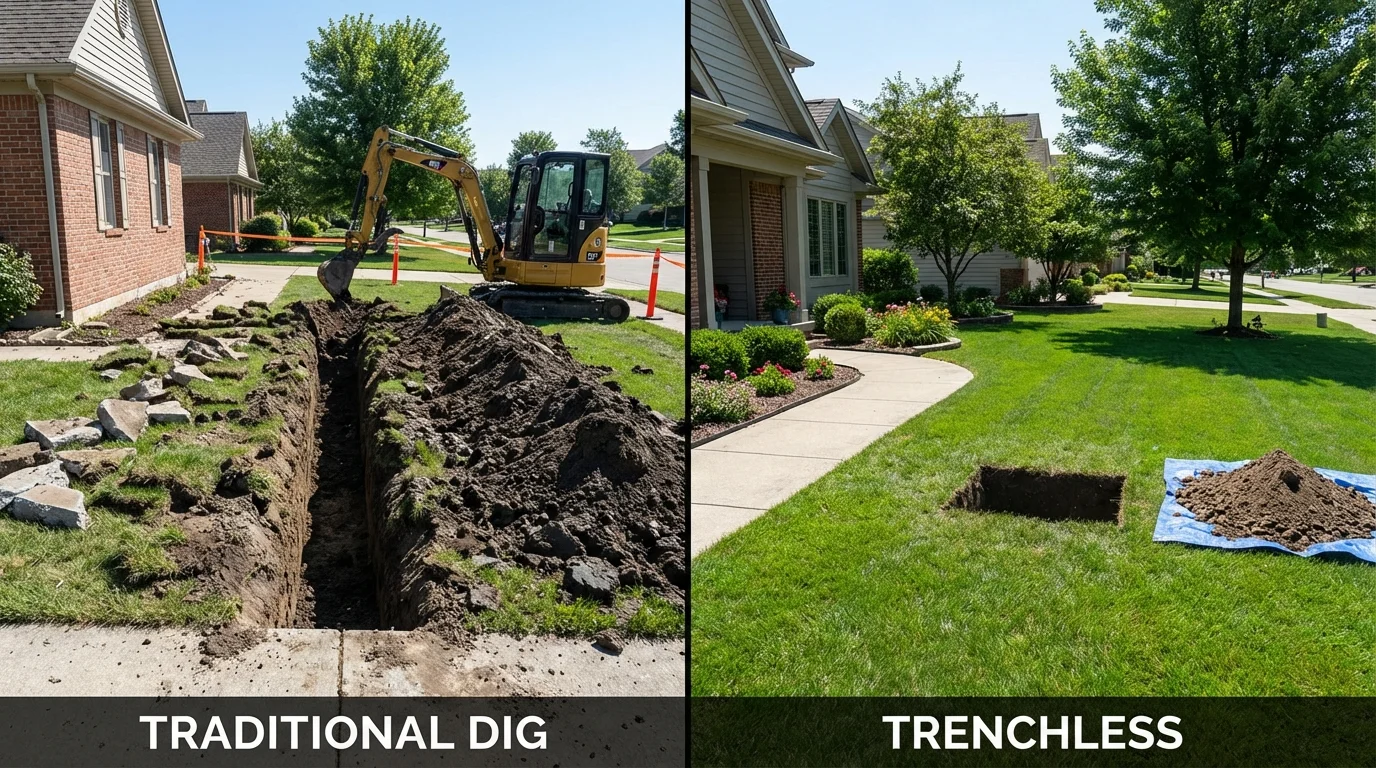 Trenchless sewer repair with minimal yard damage versus traditional excavation in Menomonee Falls, WI