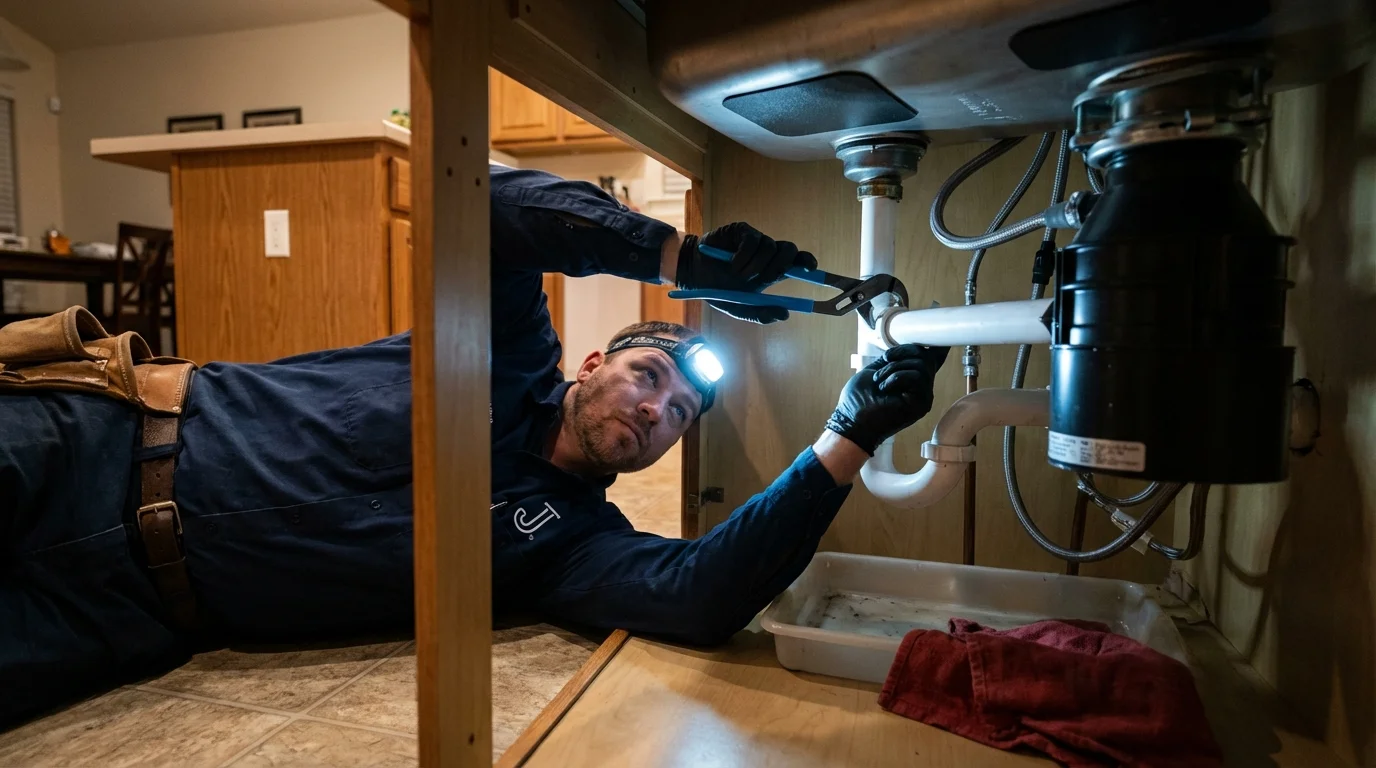 P-trap and supply line connections under a kitchen sink showing a common leak point in Menomonee Falls, WI